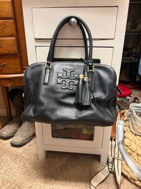 Tory Burch Black Pebbled Leather Satchel with Logo